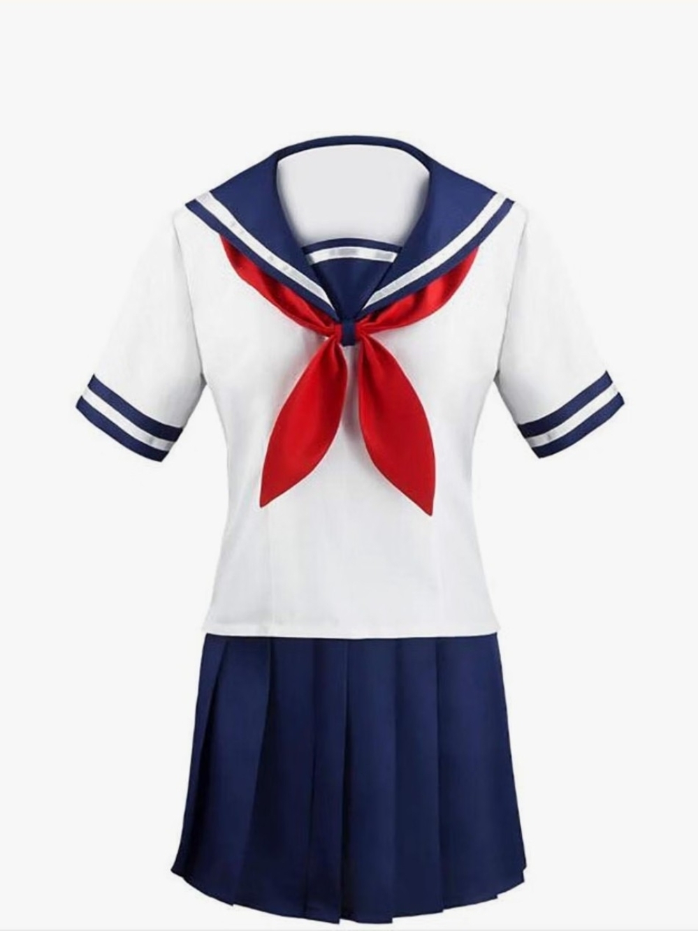 Japanese Sailor Uniform Cosplay Costume, White Top Red Scarf Blue Pleated Skirt